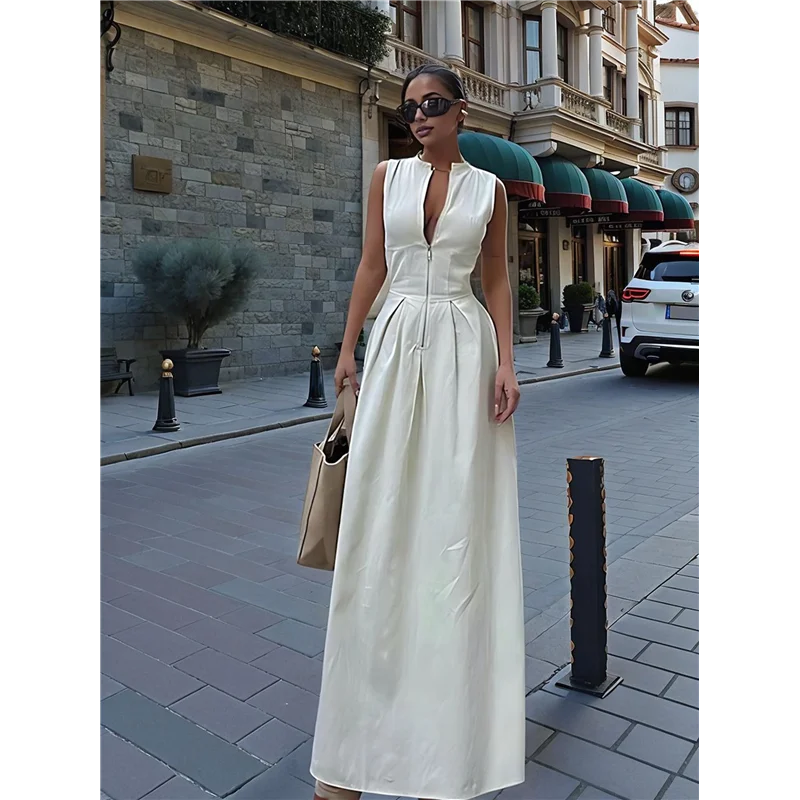 CYL-Vestido midi informal de verano dividido con cintura elástica y cremallera con cuello en V profundo para mujer con bolsillos