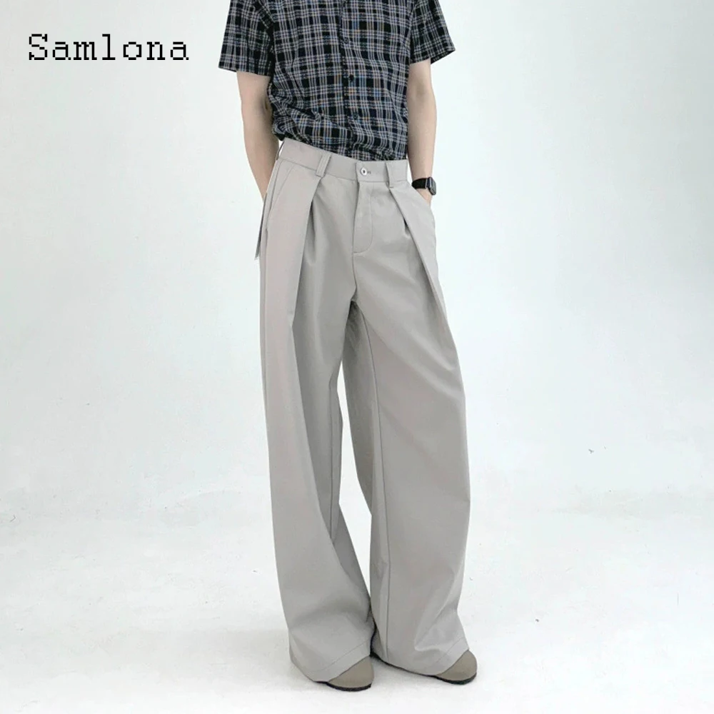 Samlona حجم كبير أزياء رجالي بنطال ذو قصة أرجل واسعة الصلبة البني الطابق طول بنطلون Kpop الكلاسيكية نابلي الأساسية دعوى بانت البنطلونات جديد