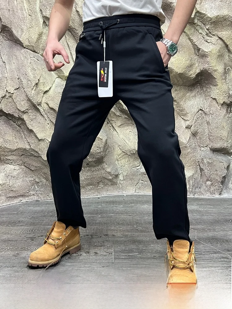 

Thermal Knitted Casual Pants for Men Thiened 3D Tailoring Cosite Baby Velvet Straight Leg Cotton Polyester Blend