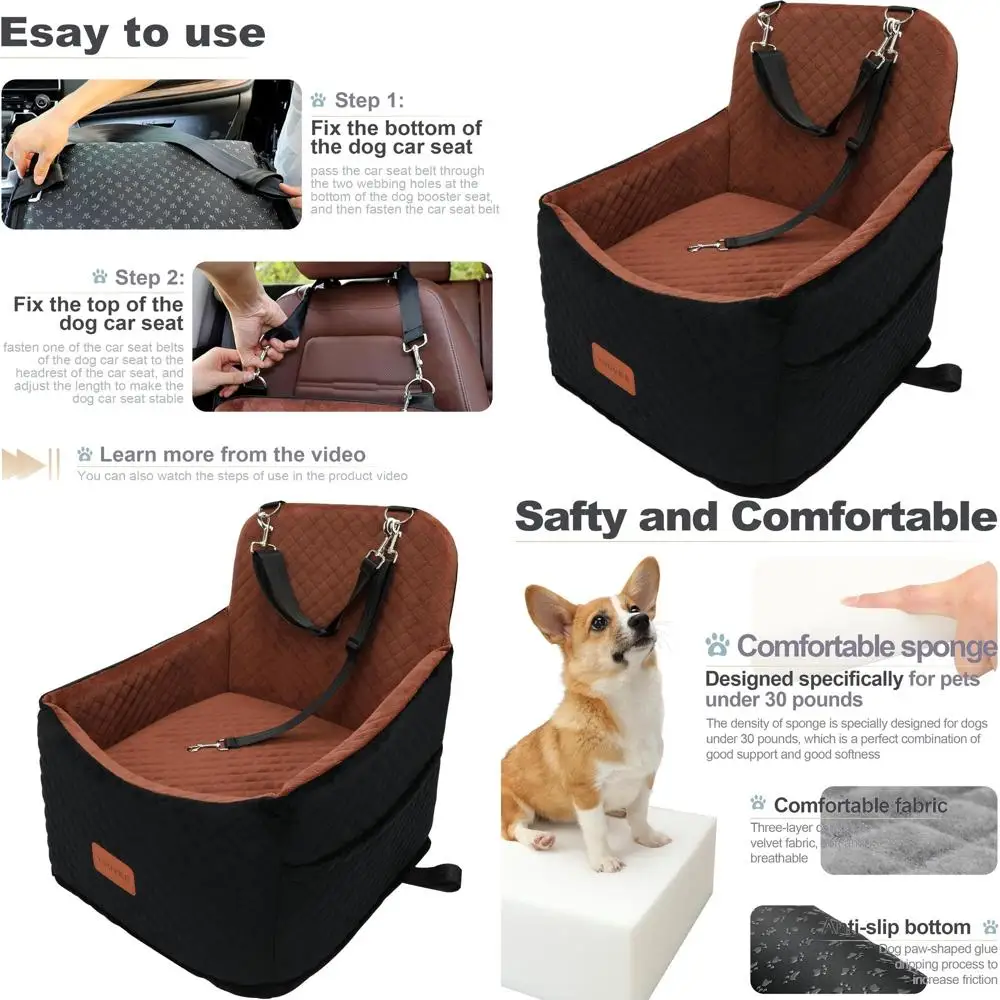 

Elevated Pet Car Seat for Small Dogs up to 30 lbs, 6 Interior Height, Comfortable with Storage Pocket, Black Exterior Brown Inte