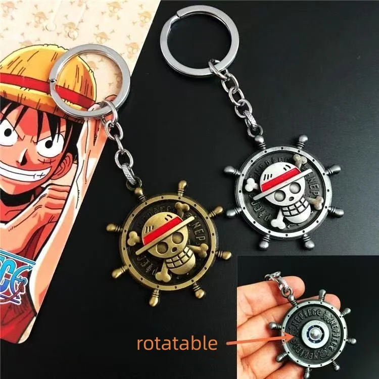 Anime One Piece Rotatable Ship Wheel Keychain Straw Hat Pirates Skull Metal Key Ring Bag Pendant Cosplay Fans Gift