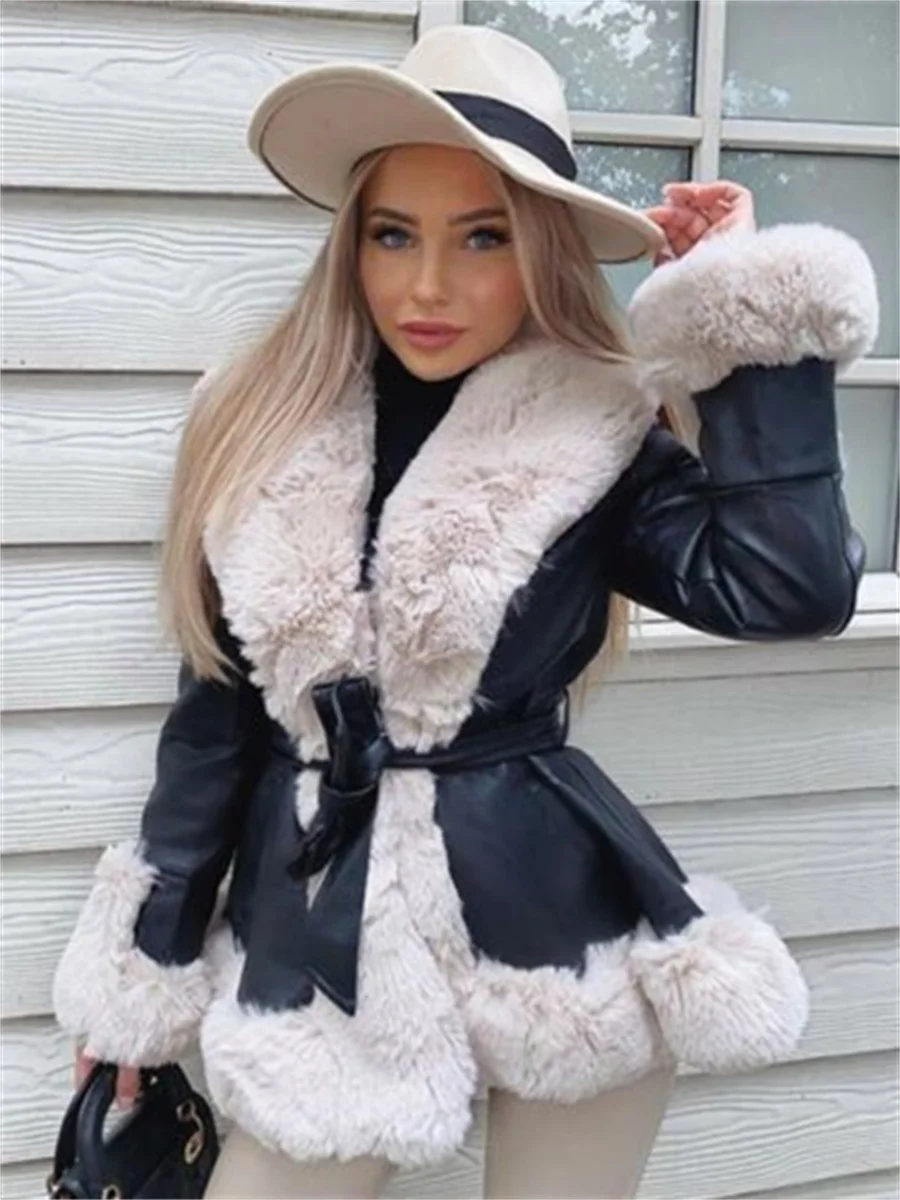 wsevypo Furry Trim Patchwork PU Leather Jackets Women Fashion Contrast Color Plush Collar Warm Cardigan with Belt Warm Outwear