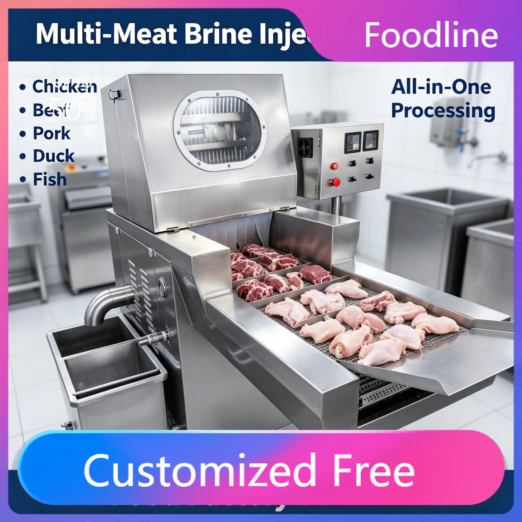 Automatic Meat Brine Injection Machine, Custom 48‑120 Needles Injector for Chicken Beef Food Processing Plant Customized