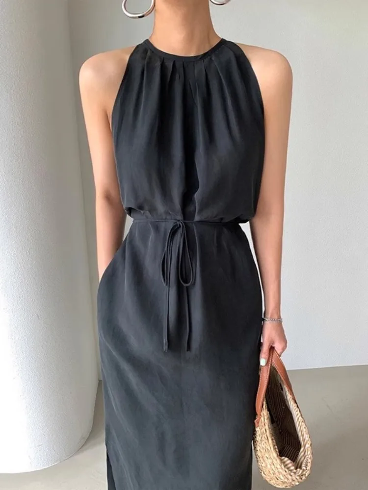 Off The Shoulder One Line Shoulder Dress For Women\'s Summer New Minimalist Style Sleeveless Black Slim Fit Long Skirt