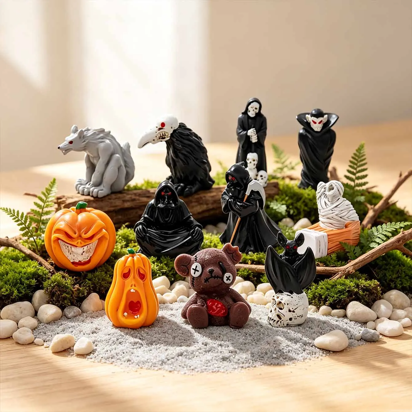 11pcs Halloween Decoration Mini Resin Ghost Skull Tombstone Mini Horror Ghost Statue Desktop Garden Weird Decoration