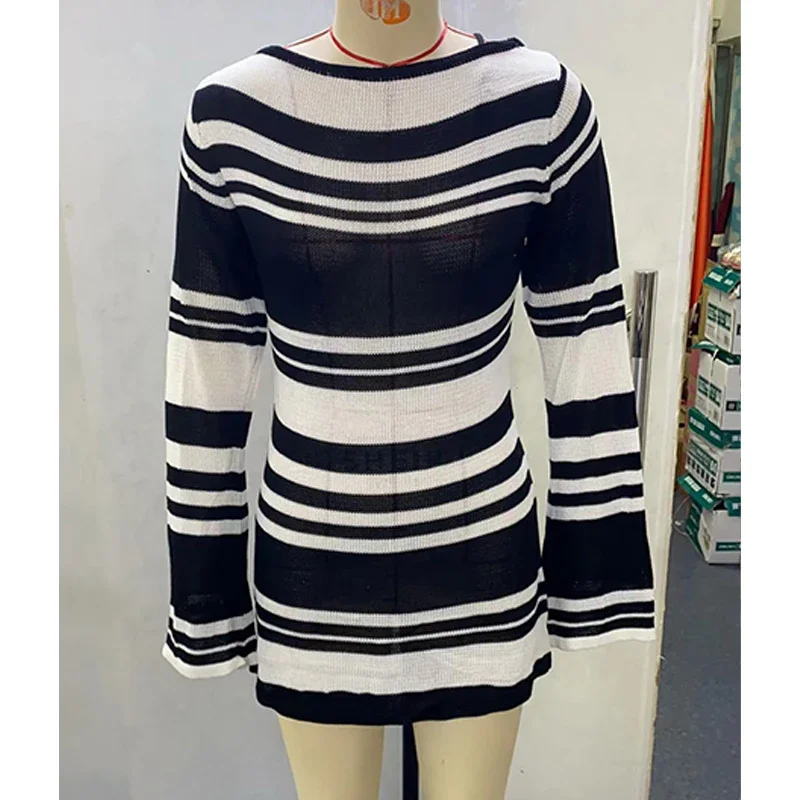 Abito lungo lavorato a maglia primavera autunno da donna elegante manica lunga casual o-collo abiti da spiaggia per feste senza schienale night club