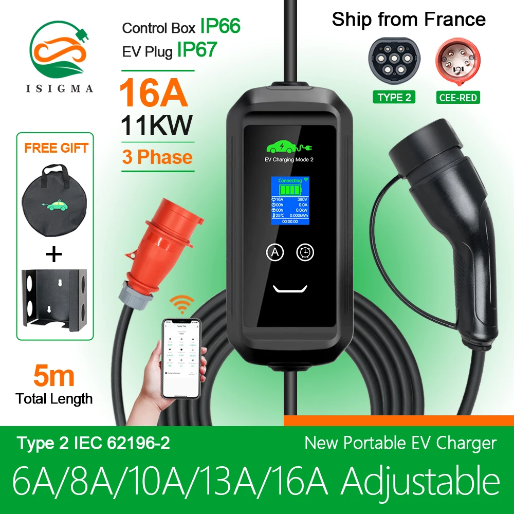 Isigma 16A 3P 11KW Type2 APP EV Charger WIFI Bluetooth Support EU Plug For Home Charge Delay Control By Phone IP66