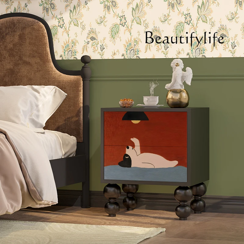 Red puppy room bedside table solid wood storage multi-functional integrated wall household bedroom bedside table