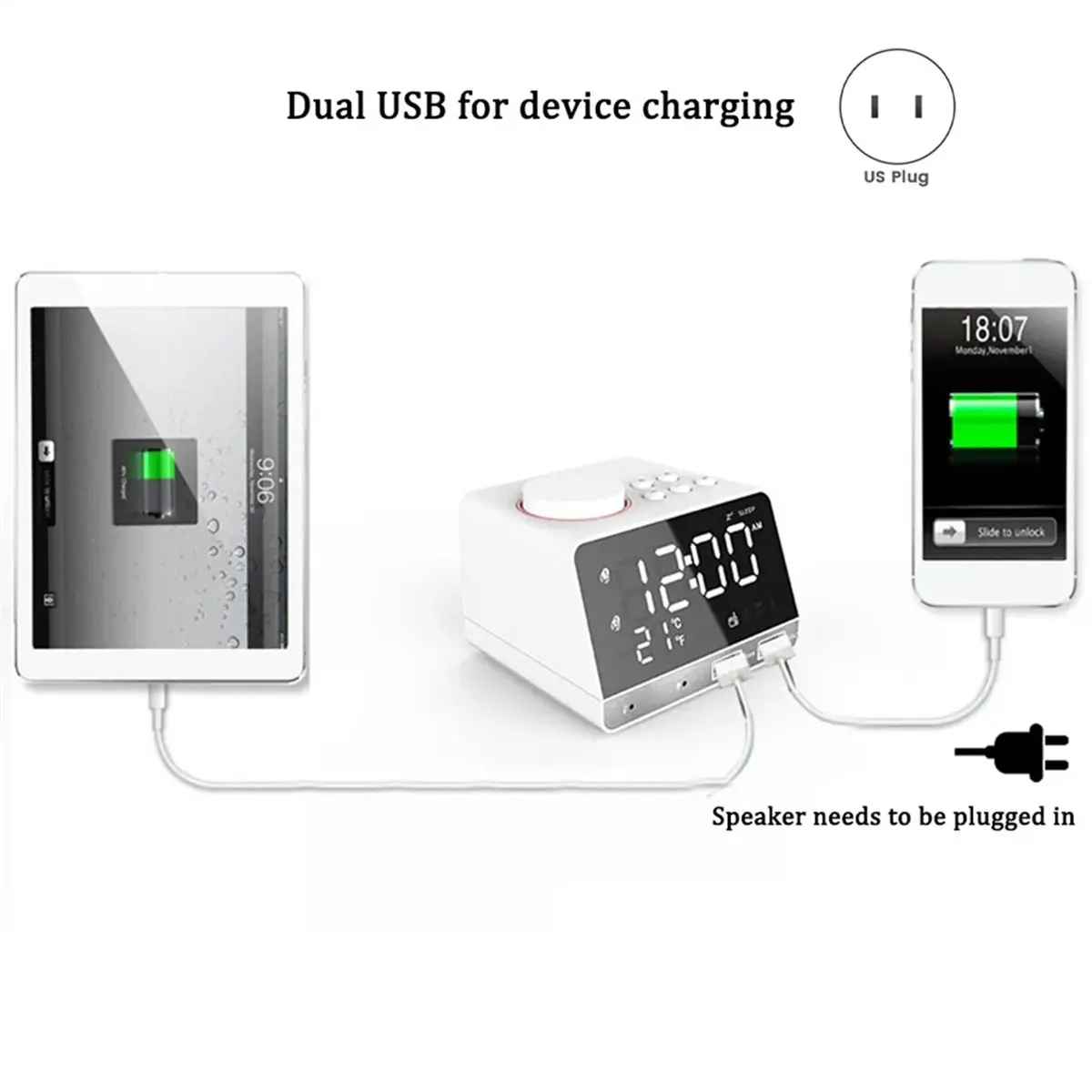 LED Alarm Clock Speaker with 2 USB Ports Bluetooth 4.2 Radio LED Digital Alarm Clock Home Decor Table Clock EU Plug