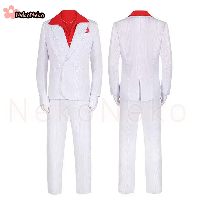 

Inspired by Classic Film Tony Montana Cosplay Costume White Striped Suit with Red Shirt Halloween Role Play Outfit