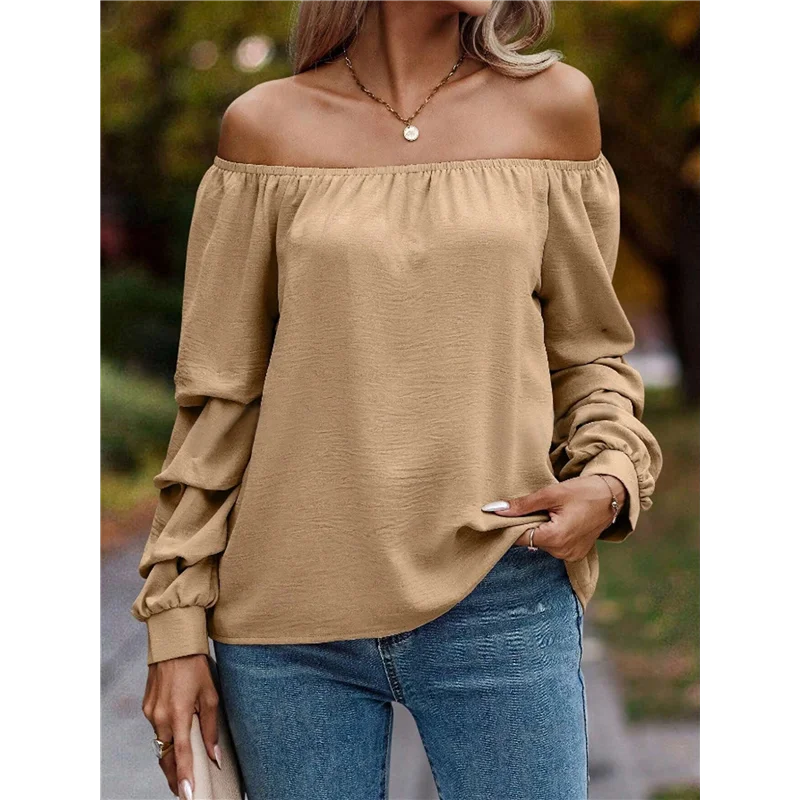 AOAO-여성 오프 숄더 탑 프릴 긴 소매 쉬폰 블라우스 캐주얼 루즈 셔츠