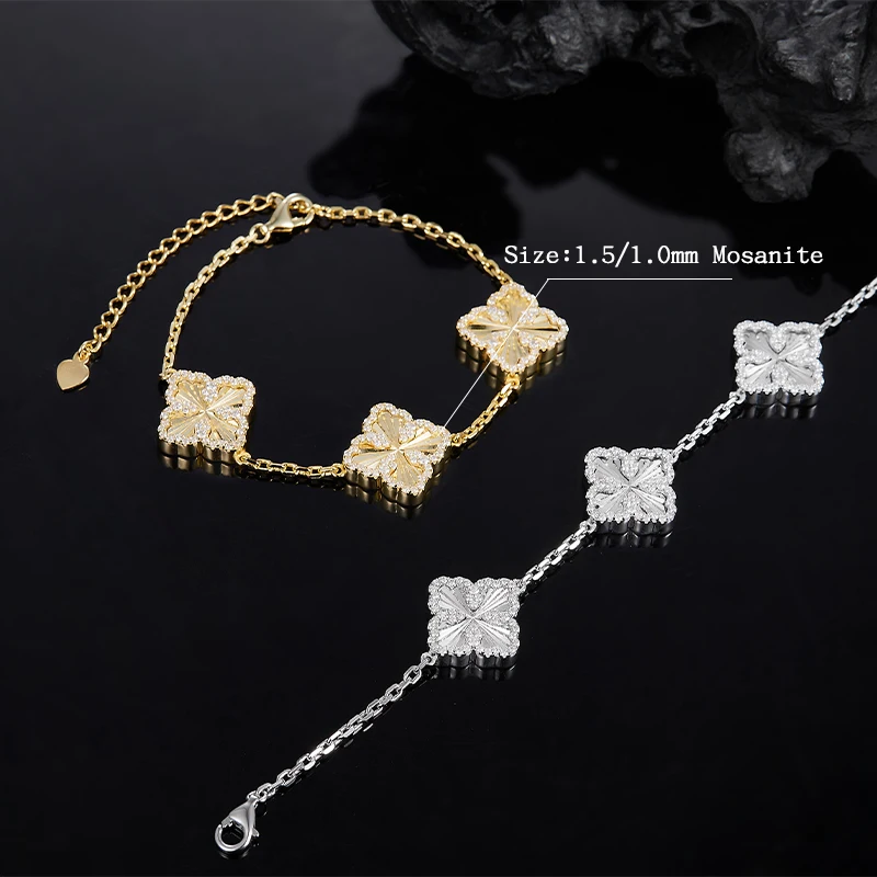 925 Silver Moissanite Bracelet Four-leaf Clover Bracelet Adjustable Bracelet Female Hot Styles Wedding Christmas Valentine's Day