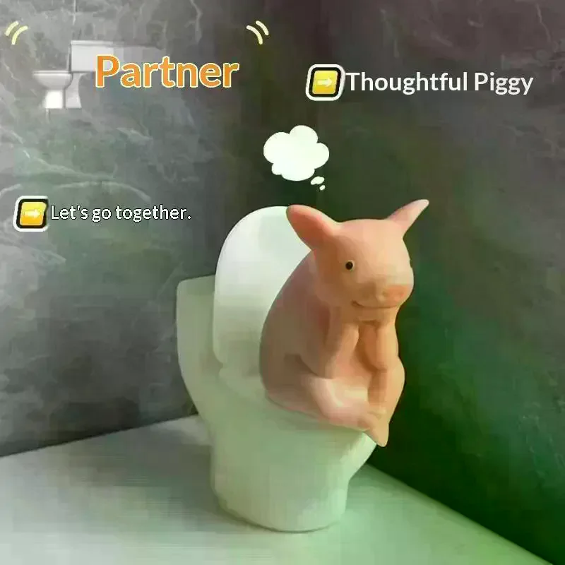 1PC Cute Pig Sitting On Toilet Pvc Bathroom Statue Tabletop Wall-Mount Father's Gift Home Office