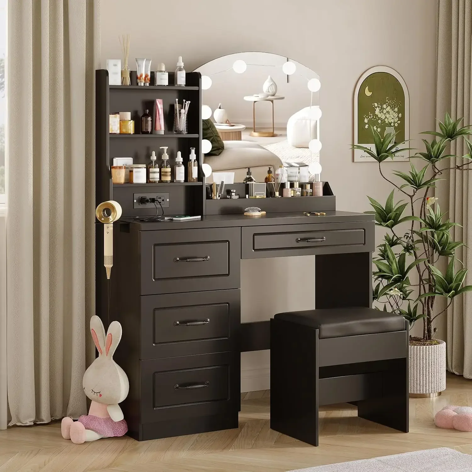 Vabches Makeup Vanity Table with Lighted Mirror & Power Strip, Vanity Set with Hair Dryer Rack, Lots Storage, 3 Lighting Modes,