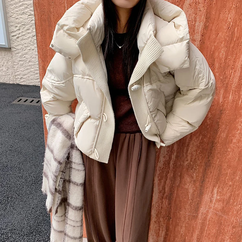 Inverno puff malha emenda com capuz jaqueta feminina pato branco para baixo curto parker outwears feminino zíper engrossar jaqueta acolchoada