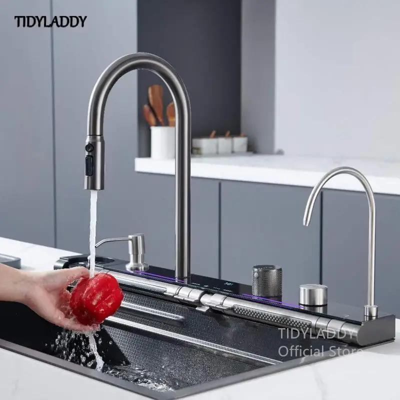 Kitchen Waterfall Sink Digital Display Large Single Slot Stainless Steel Sink Multifuctional Sink Integrated Waterfall Faucet