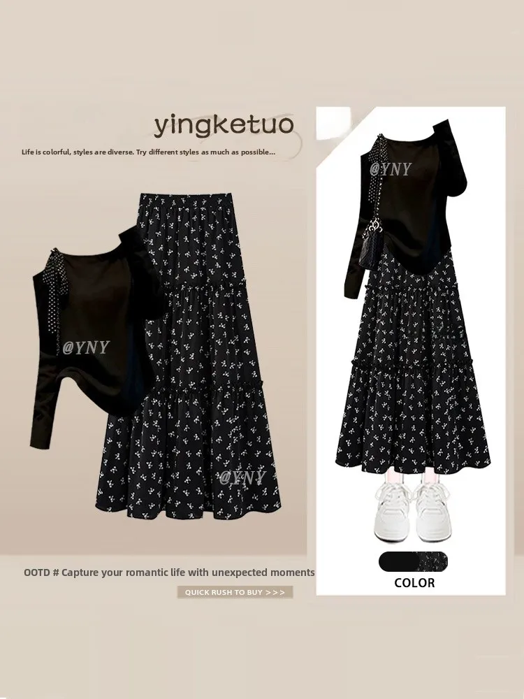 

Hong Kong Style Summer Floral Tie Waist A-Line Skirt Set round Neck Long Sleeve Top And High Waist Skirt Ensemble