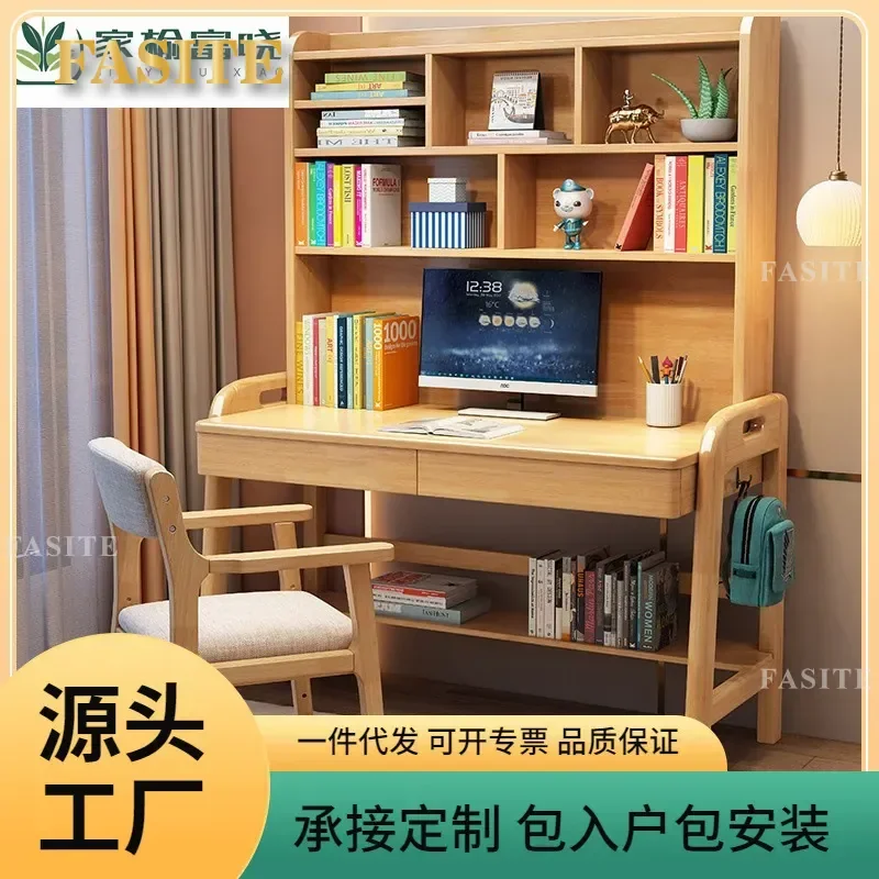 For Solid Wood Computer Desk with Bookshelf Adjustable Height Study Table for Bedroom Home Office Student Writing Desktop