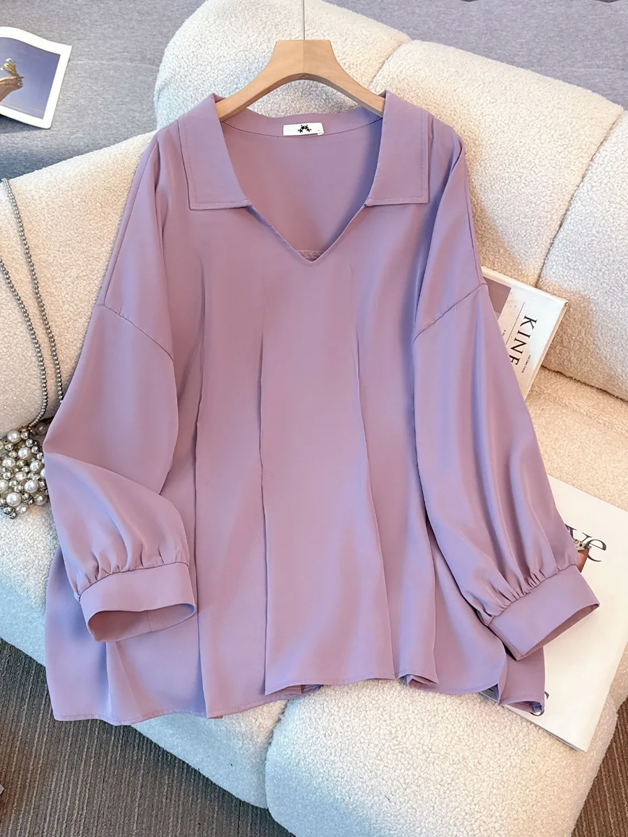 

Женская плиссированная рубашка больших размеров 150 кг, весна-осень 170 г, с длинными рукавами и v-образным вырезом, фиолетовая, 5XL, 6XL, 7XL, 8XL, 9XL