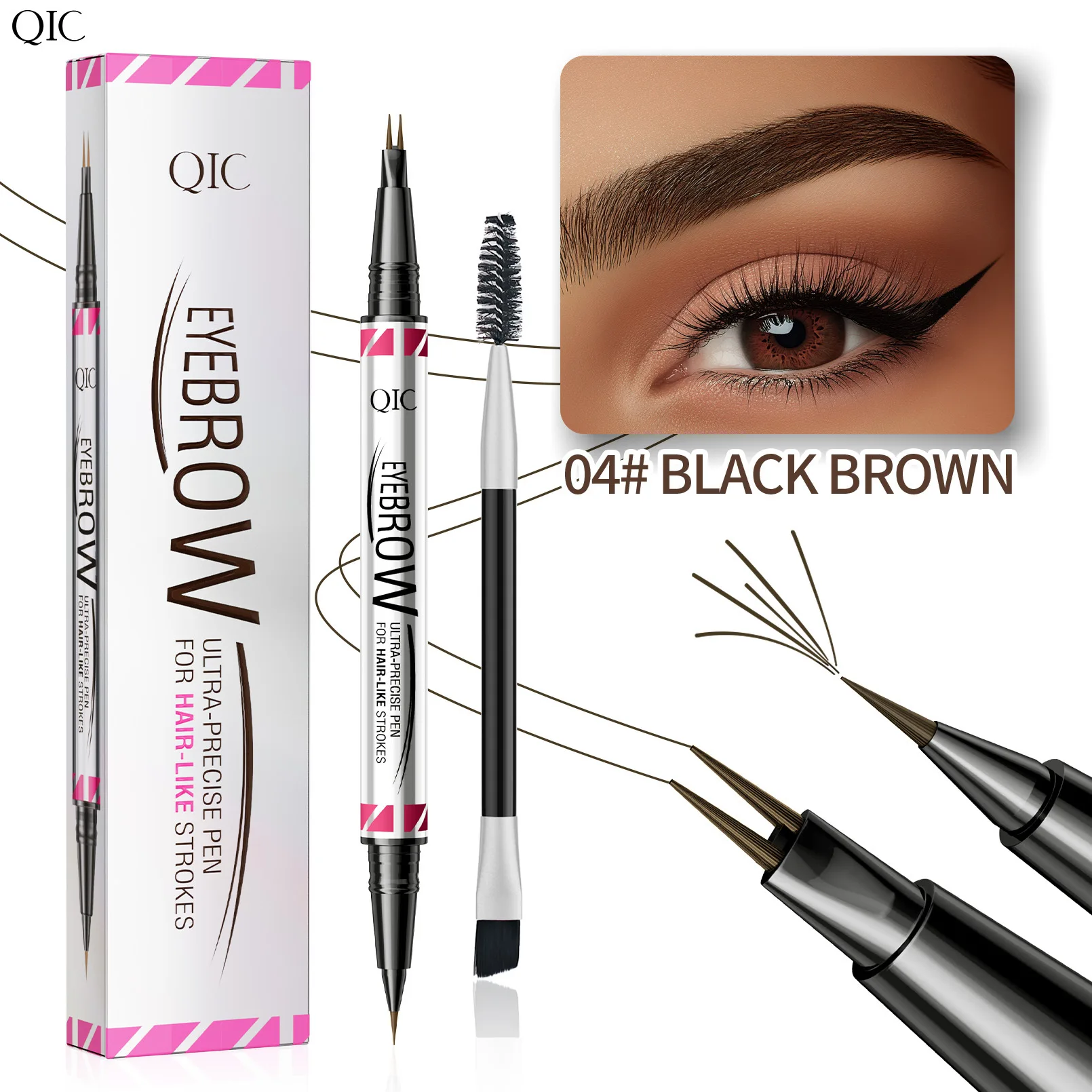 QIC Neuer Doppelkopf-Augenbrauenstift mit 2 Zinken, besonders präziser 2-in-1-Augenbrauenstift, Eyeliner, flüssiger Augenbrauenstift, langlebiges Make-up