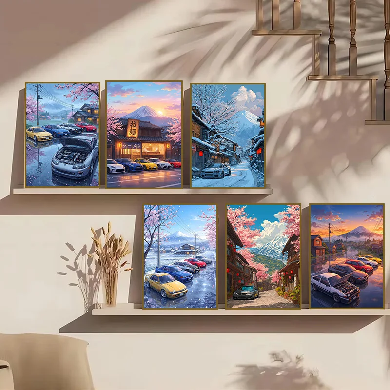 Japan Anime Ramen Shop with JDM Sports Cars Poster Cherry Blossoms Canvas Painting Print for Living Room Home Decor