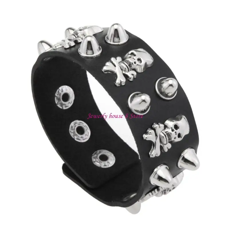 

Gothic Styles Studs Leather Cuff Bracelet With Skull Charm Streetwear Accessory