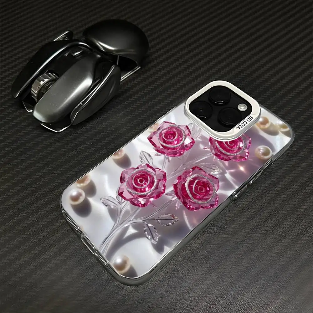 ファンシーでカラフルなガラス調ローズ柄iPhoneケース (iPhone 16、15、14、13、12、11、Mini、Pro、MAX対応) ホワイトマット耐衝撃カバー