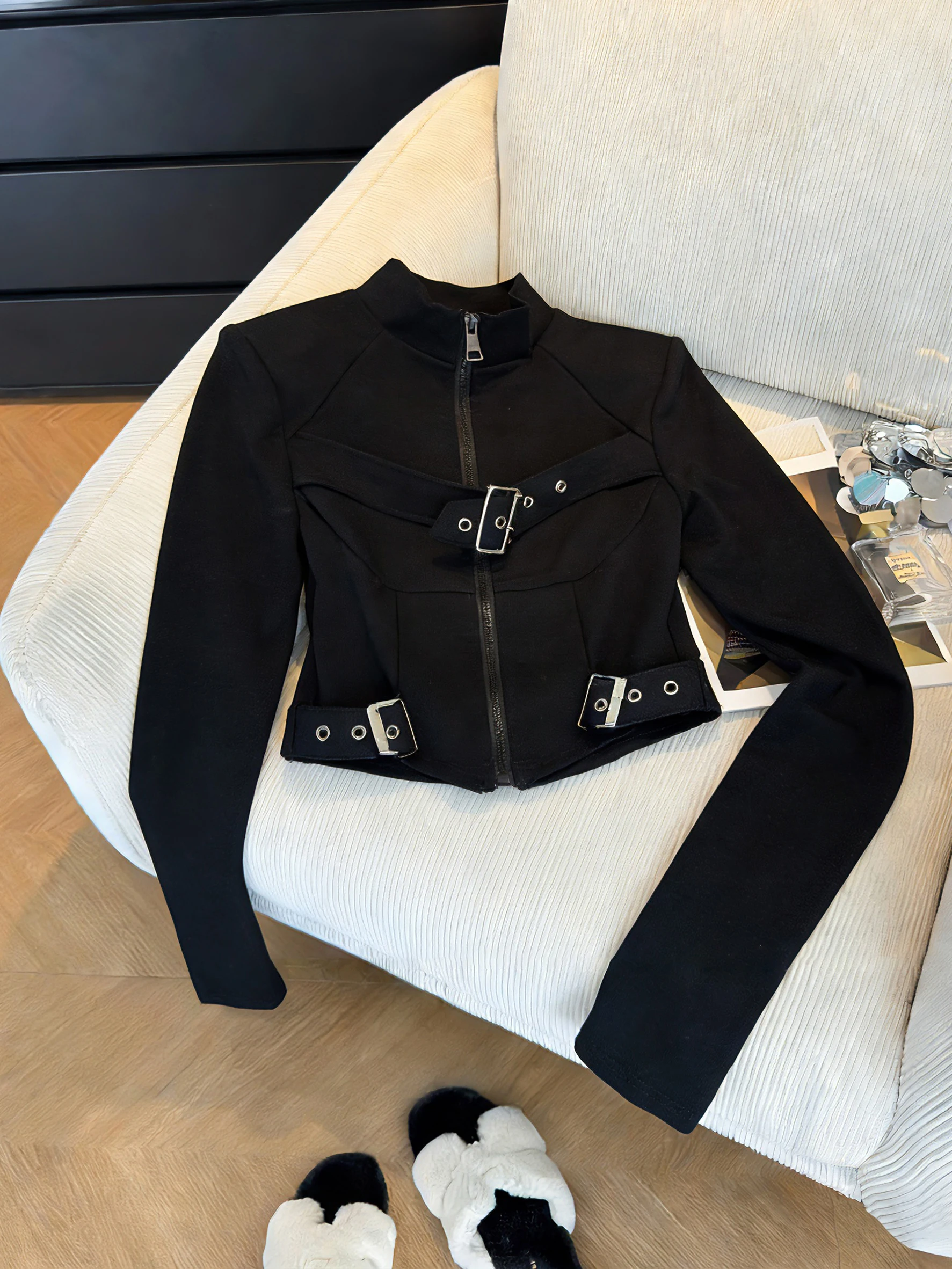 

American High Street Unique Design Long Sve T-irt Women Spring Autumn Sweet Cool Spicy Slimming Top Zipper Closure Casua...