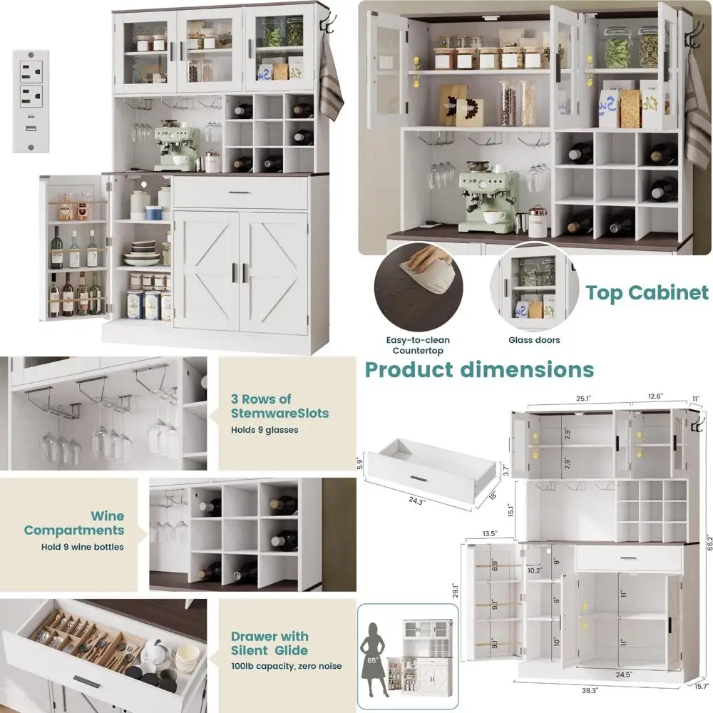 kitchen hutch cabinet with storage tall pantry storage cabinet with glass doors, power outlet, microwave stand, adjustable shel