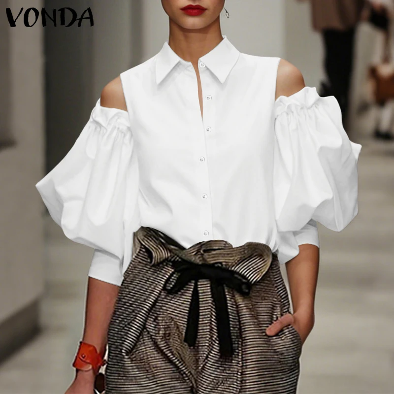 

Женская элегантная блузка VONDA 2026: модный летний топ, повседневная однотонная туника с открытыми плечами и рукавами-фонариками для офиса