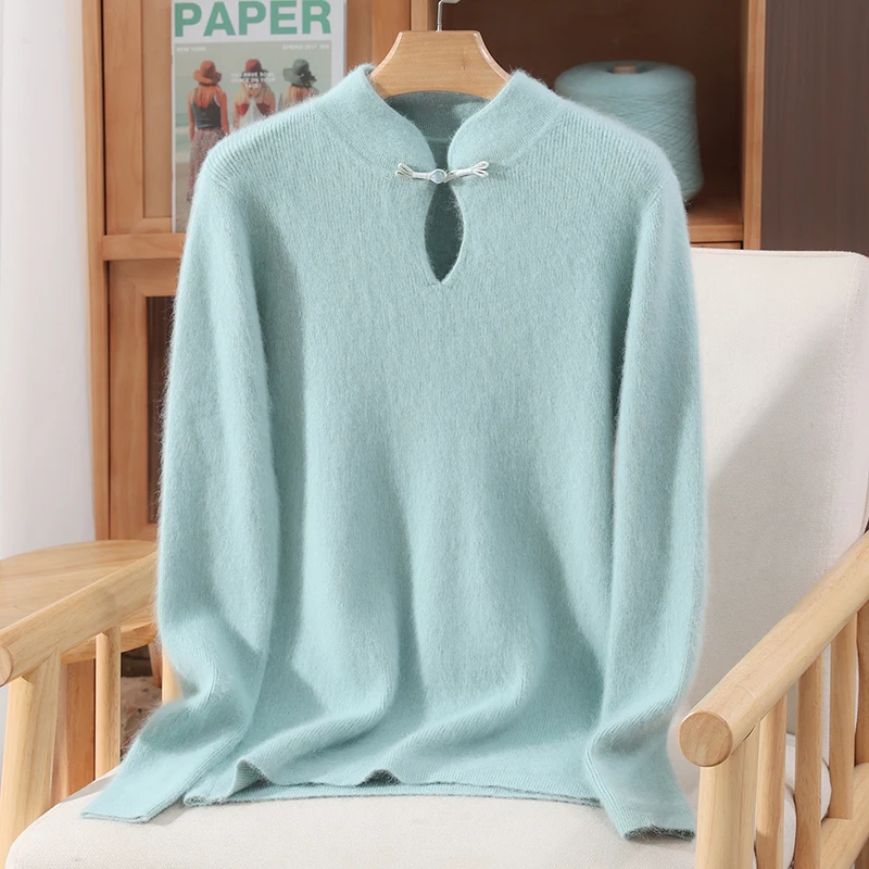 Women's 100% Mink Cashmere Mandarin Collar Pullover Sweater Frog Button Keyhole Neck Solid Plain Graceful Understated Knit Top