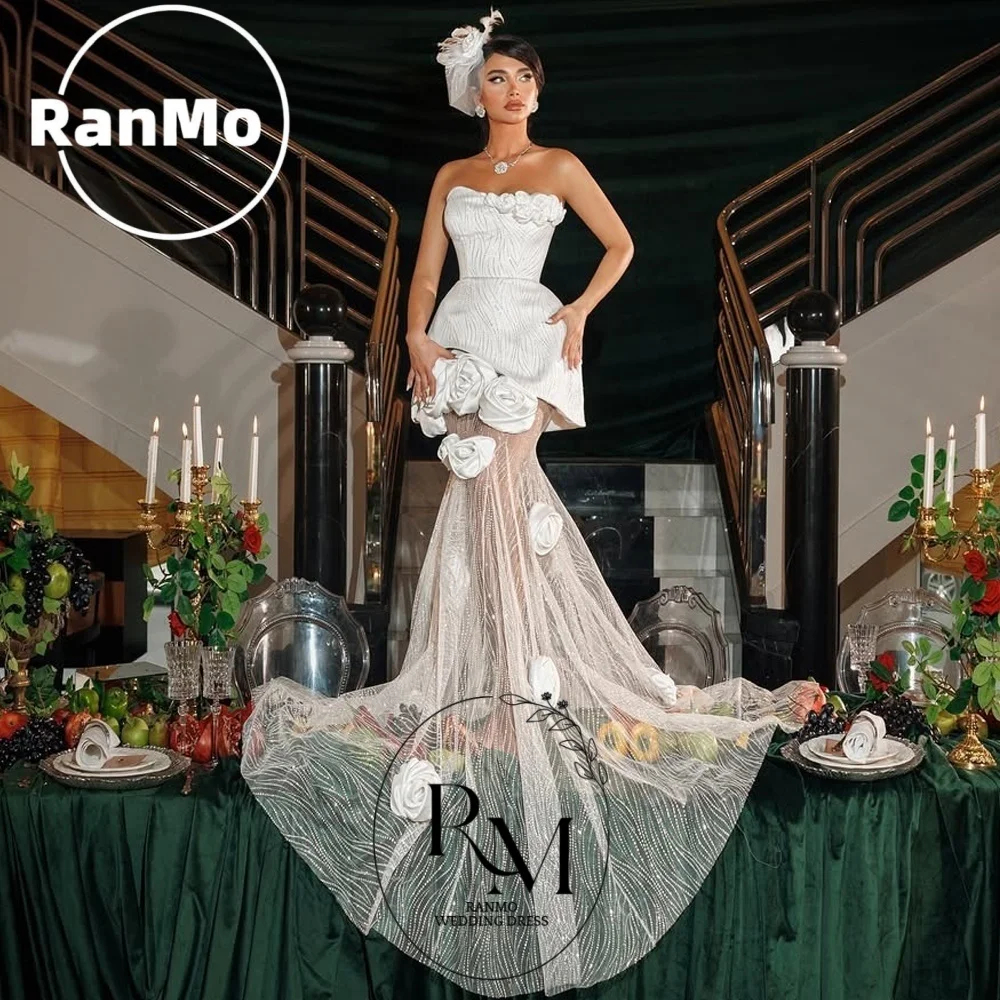 Ranmo Glitzernde Weiße Spitzen-Brautkleider für Damen mit 3D-Blumen 2026 Florales Brautkleid Handblumen Vestido de Novia Boda