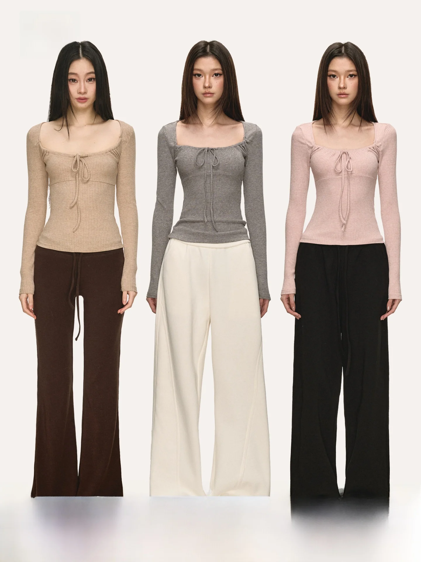 

Anna Aneae Women's Knitted Dstring Slim Fit Casual Top Spring 2026 Square Collar Base irt Versatile Long Sve Tee