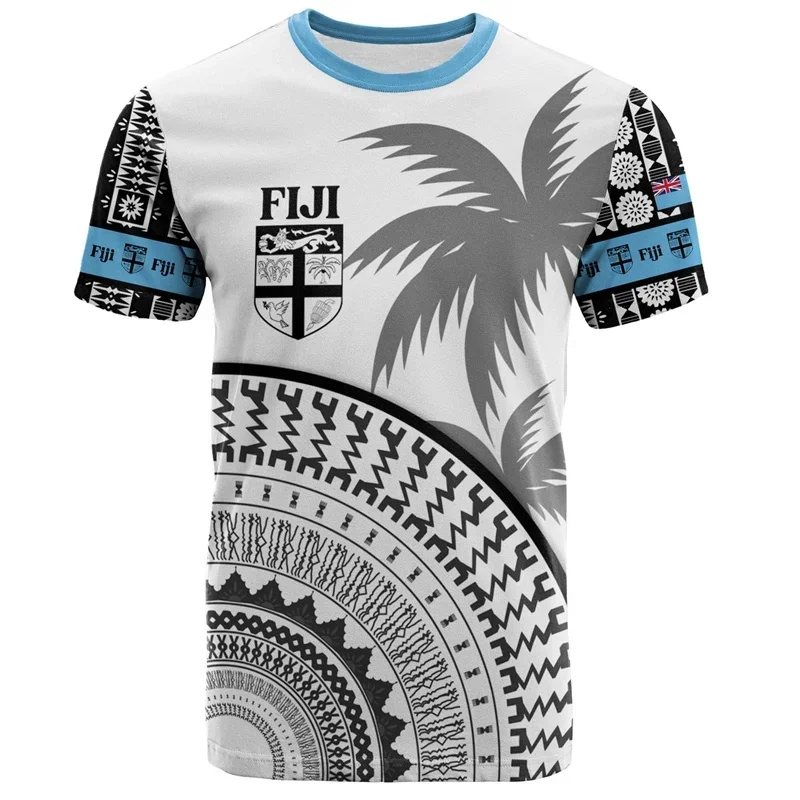 Fiji Element Casual Short-sleeve T-shirt with National Emblem Palm Tree & Traditional Ethnic Patterns for Daily Wear