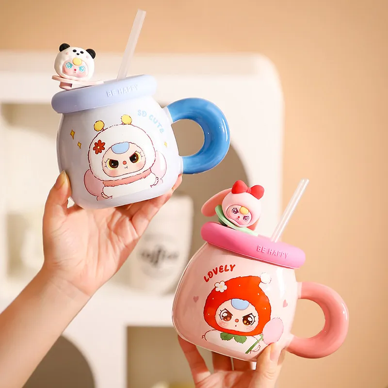 

Керамическая кружка Baby Three с трубочкой, большая емкость, чашка для воды, подарок на день рождения для пар, кофейная кружка с крышкой и трубочкой, подарки