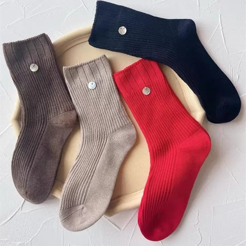 Women's Winter New Style Australian Wool Handmade Double Needle Knit Red Socks Vertical Stripe Solid Color Warm Breathable Socks