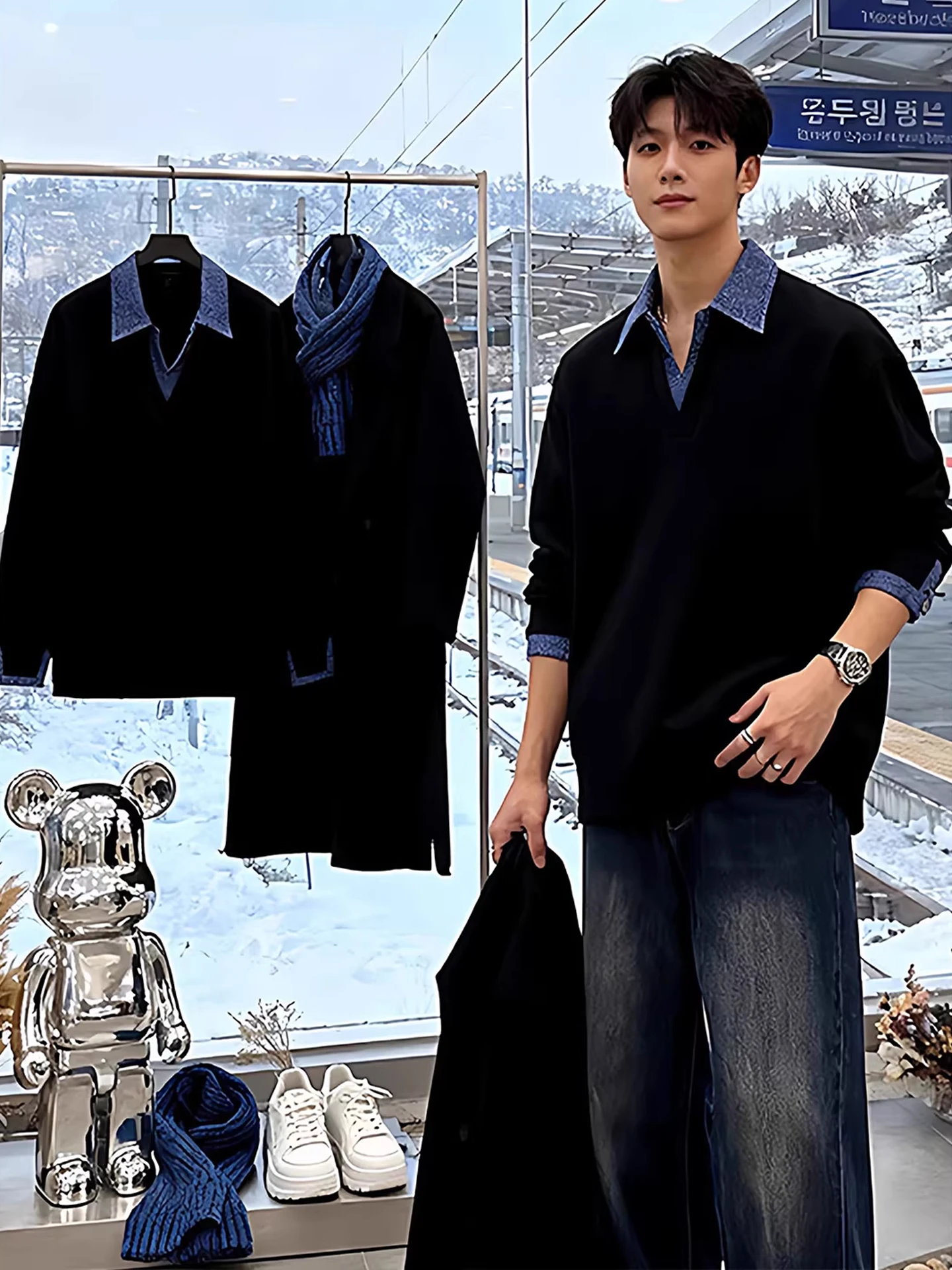 

Bla V-Ne Long Sve Hoodie Men's Autumn Winter American Sle irt Inner Wear Casual Loose Fit Comfortable Thiened