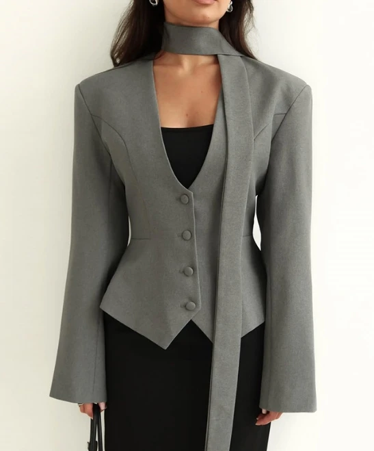 Women's Jacket 2025 Spring New Fashionable Solid Color V-Neck Scarf Decor Elegant Temperament Long Sleeved Casual Blazer Jacket