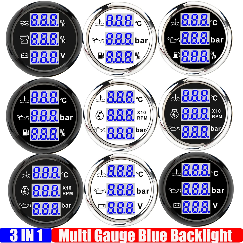 Blue LED Digital 52mm Gauge 3IN1 Water Temperature Gauge/Oil Pressure/Voltage/Water Level/Sewage Level/Fuel Gauge/Tachometer
