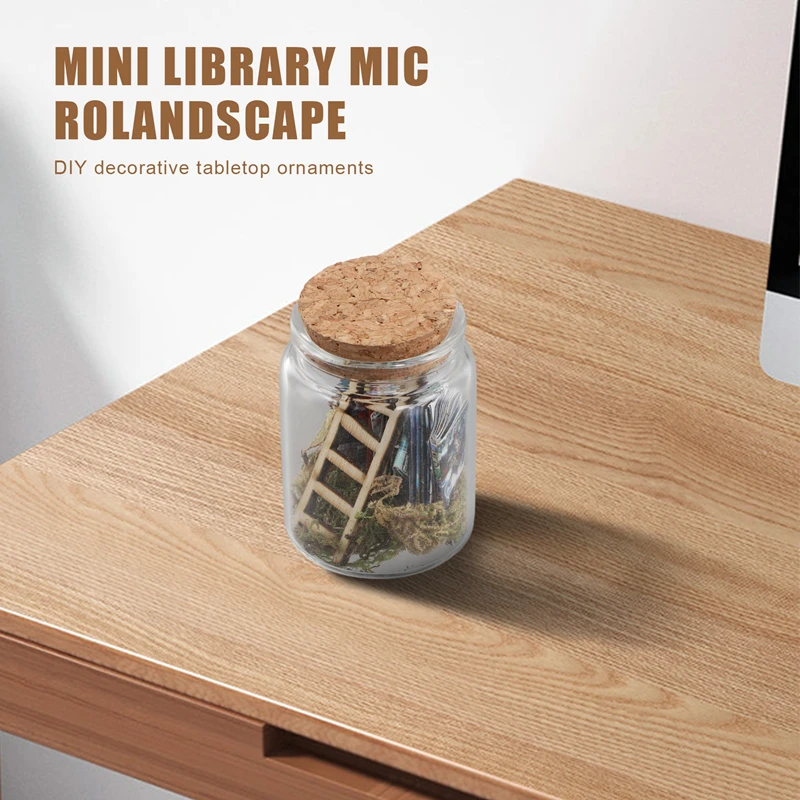 Mini Library Microlandscape Miniature Book Ladder Ornaments In Clear Container Decorative Model Statue Scene Miniature