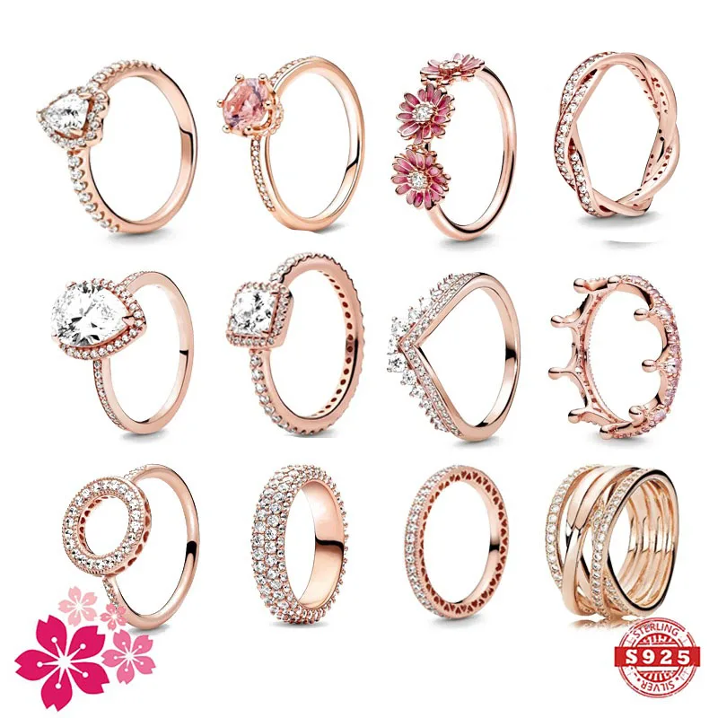 

Hot selling 925 sterling silver rose gold ring high-quality luxury sparkling crystal ring women's jewelry exquisite holiday gift