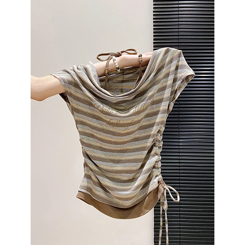 

Striped Fake Two-piece Halter Neck T-shirt for Women Summer New Style Hot Girl Style Fitted Waist Slim-fitting Short-sleeved Top