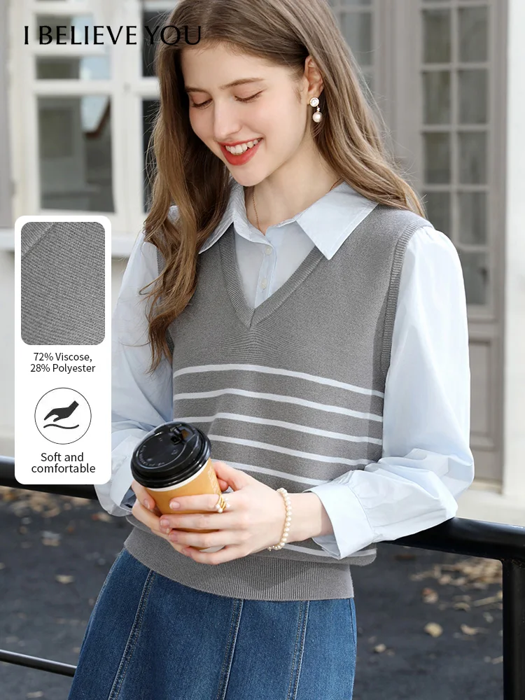 

I BELIEVE YOU Grey Blue Contrasting Fake Two-piece Tops Autumn Lapel Shirt Patchwork Striped Knitted Top Office Lady 2253146192