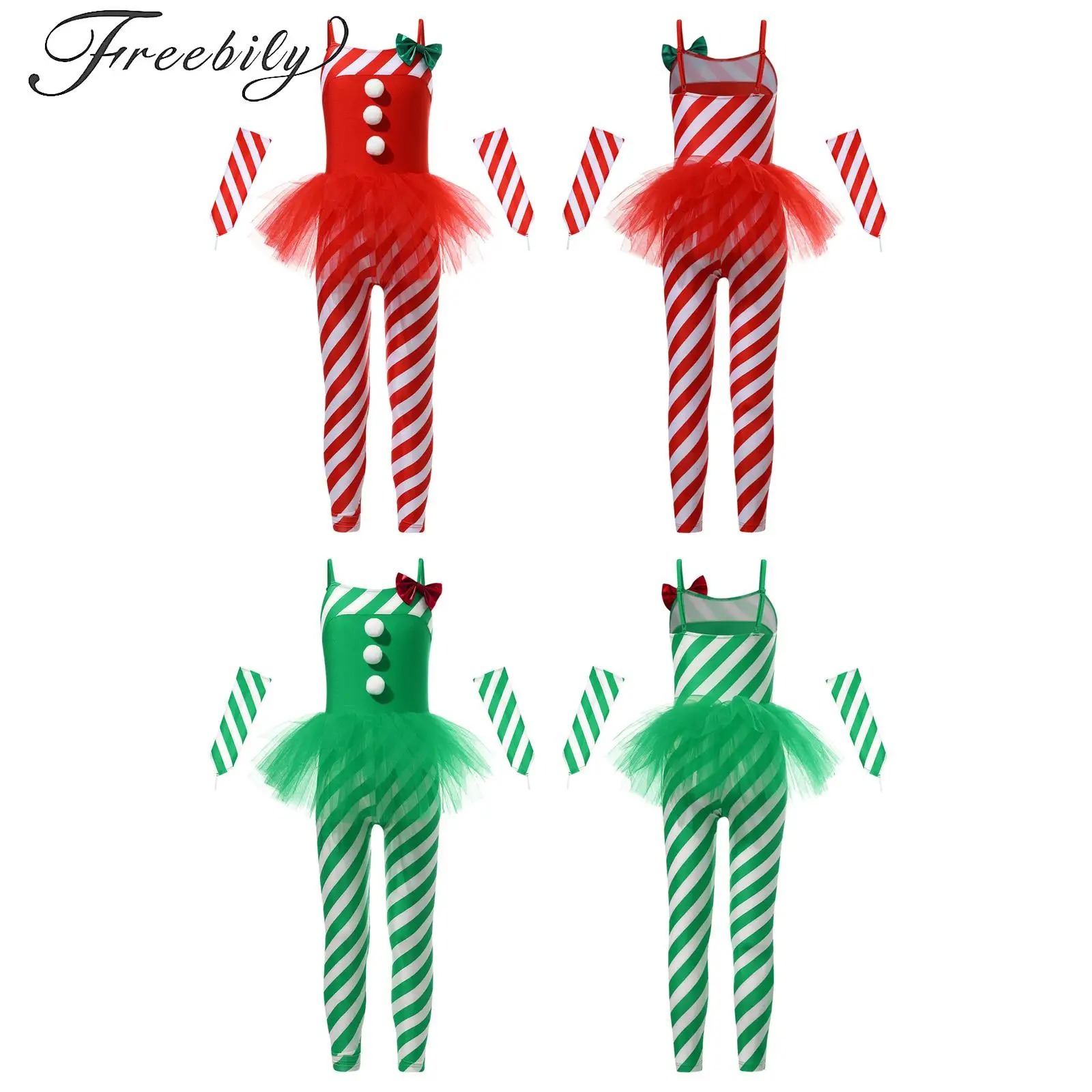 

Kids Girls Christmas Candy Cane Striped Jumpsuit Ballet Tutu Dance Dress Mesh Skirted Gymnastics Figure Skating Bodysuit Leotard