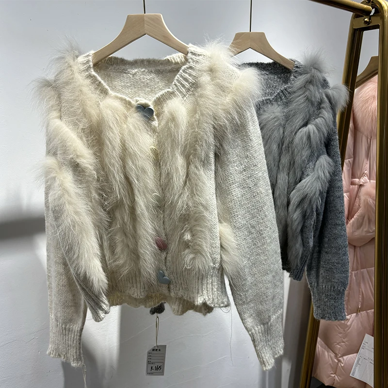 2025年 ガールズ ラブリーハートボタン 本物の狐の毛皮セーター 天然毛皮 キュートなニットジャケット