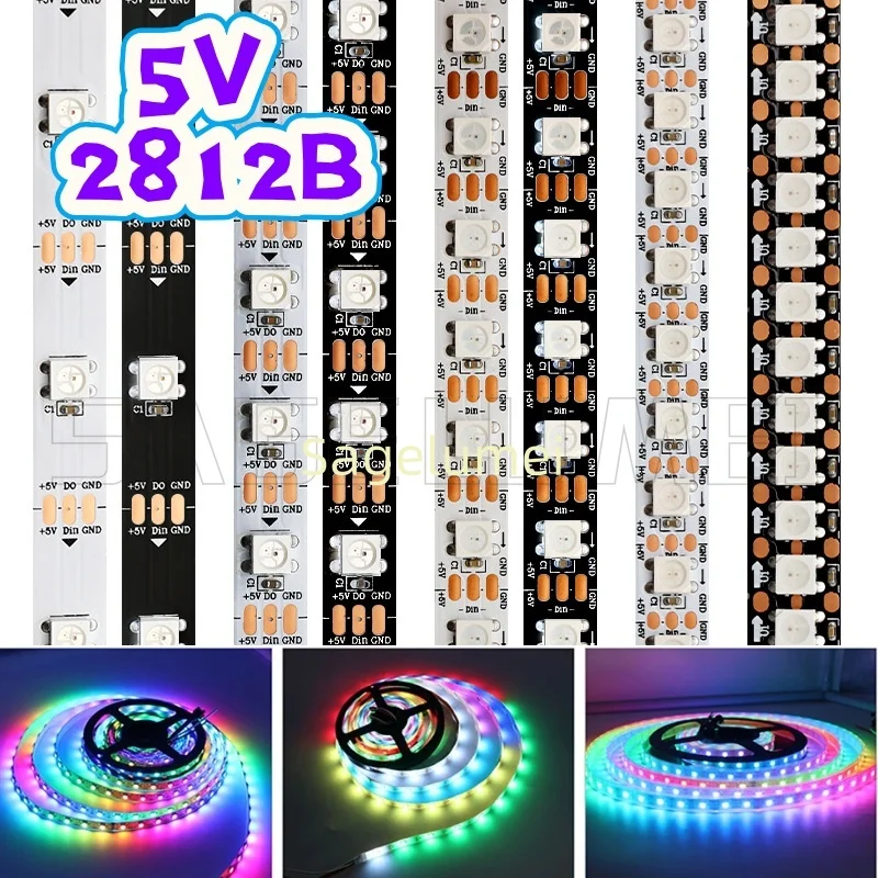 1m-5m WS2812B 30/60/144 Pixels/leds/M Smart Led Pixel strip,Black/White PCB WS2812B/M IP30/IP65/IP67 DC5V RGB LED Strip Lights