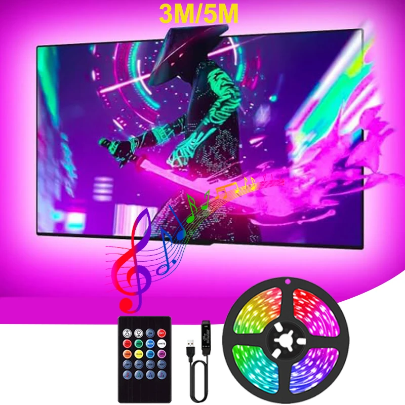 

USB Music Sync RGB Led Strip Lights For TV Backlight Dimmable RGB Led Tape Smart Remote Control 5V RGB Led Ribbon Strip