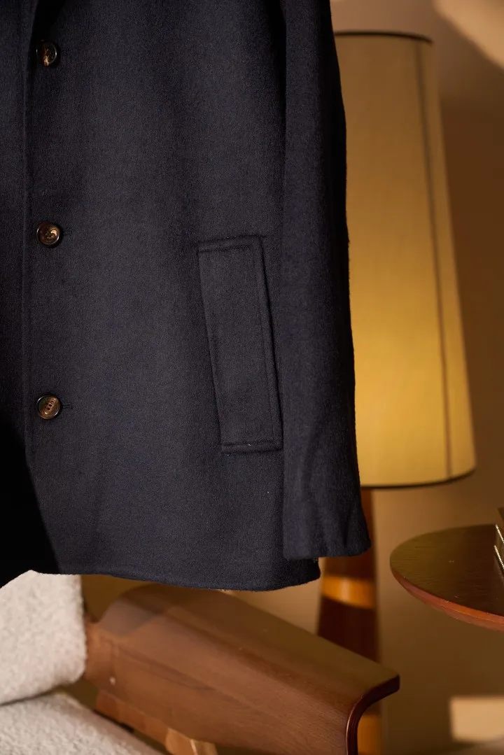 LP Men Old Money Style Mid Long Business Executive Cashmere Wool Blend Turn Down Collar Structured Button Front Straight Coat