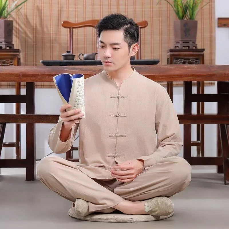 Summer Cotton Linen Robe Set Zen Meditation Clothing Middle Age Tang Suit Men Women Button Retro Buddhist Style Hanfu