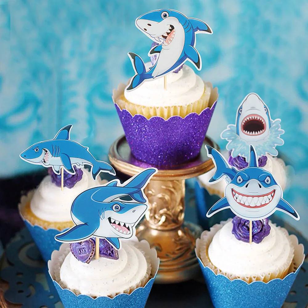 10pcs Cartoon Shark Cupcake Toppers Under The Sea Shark Baby shower Cake Decor Ocean One 1st Happy Birthday Party Decor Kids Boy